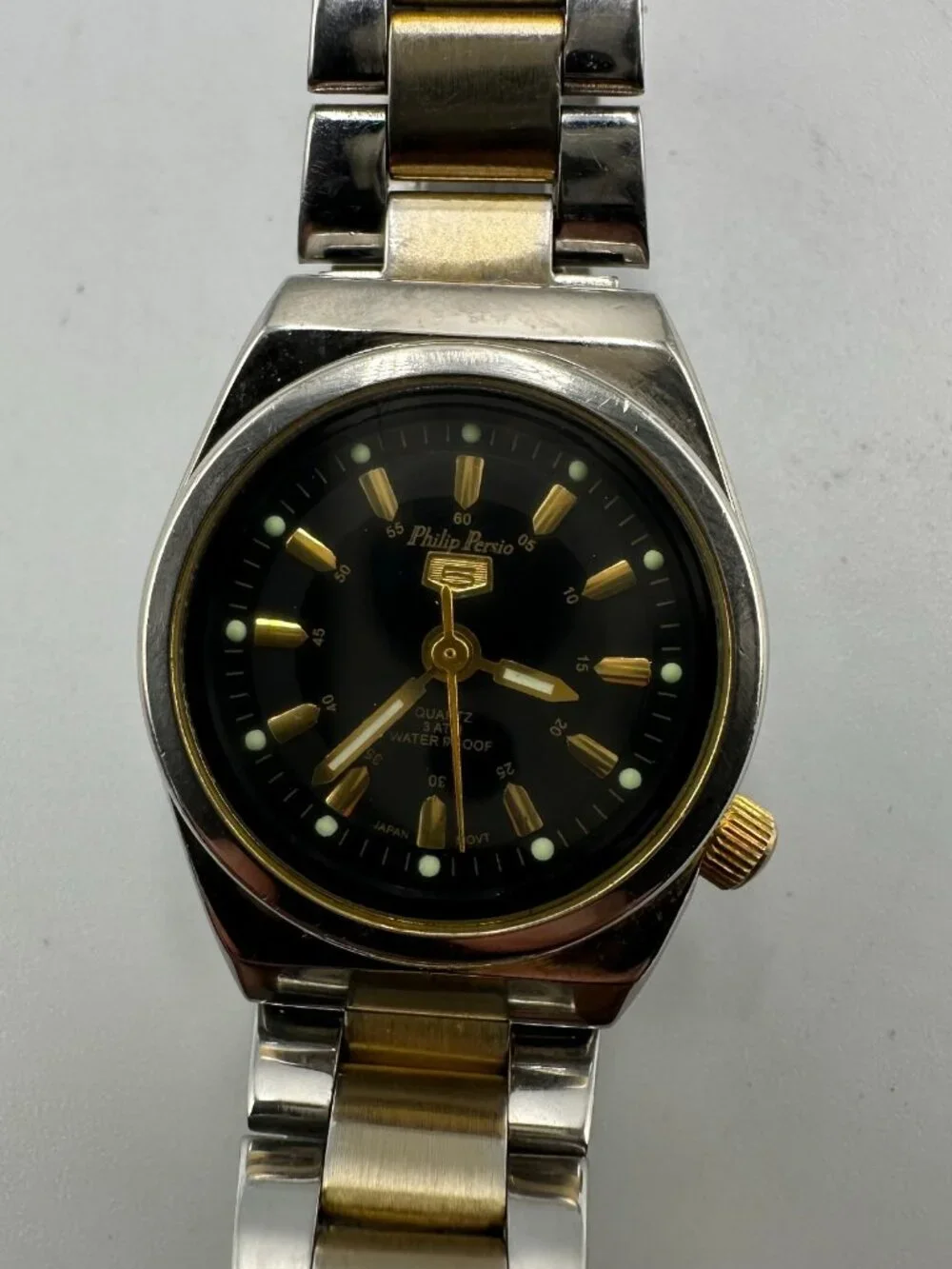 Philip Persio Watch Women Silver Gold Two Tone Black Dial 24MM New Battery 6.5